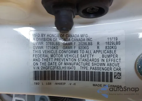 2020 Honda Civic Sport из США, поврежденный, VIN 2HGFC2F82LH516470